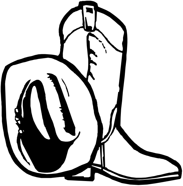 The black and white illustration shows a cowboy boot on top of two boots with spurs around them against a dark background; there is no text present in this image.