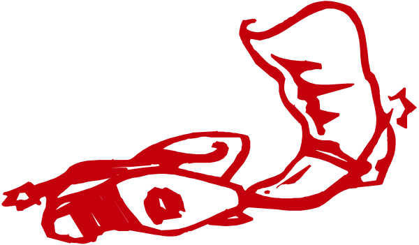 The image shows a red silhouette of an upside down person with closed eyes on what appears to be a black background.
