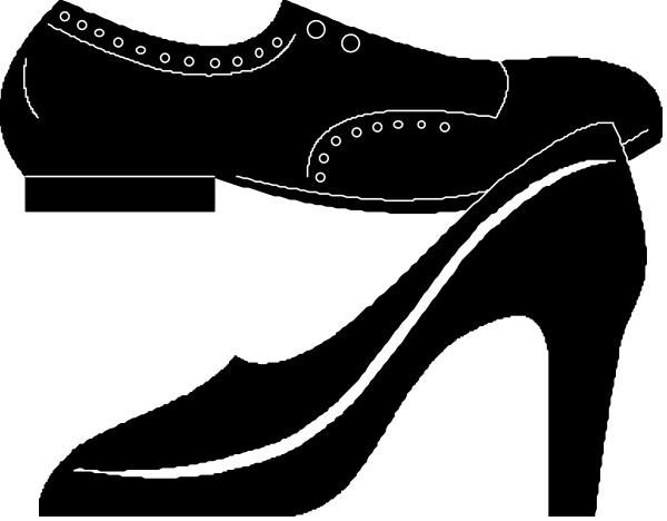 The black and white silhouette of a woman's high heels with an abstract background featuring lines that could be interpreted as stylized hair or clothing patterns.