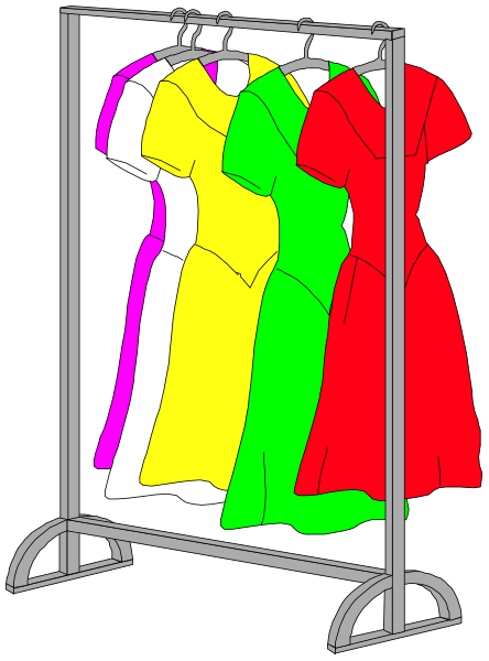 The image shows a colorful dress rack with three different colored dresses hanging on it against a black background.