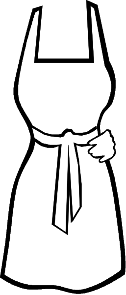 The black and white illustration shows a dress with an oversized bow on top of it hanging against what appears to be a wall in front of which there is another image partially visible at its bottom edge.