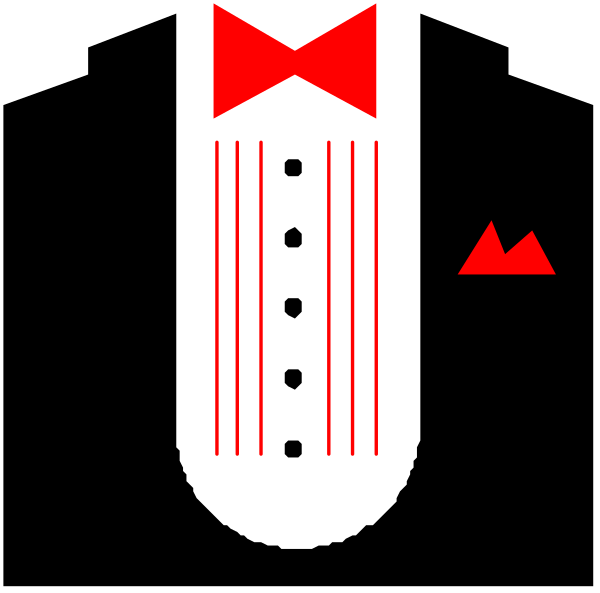 The image shows a black tie with red stripes on it against a white background to its left side; there is also an abstract representation of what appears to be a person's head in profile facing rightward, and below that figure, two vertical lines resembling hair or antennae are connected by horizontal bars.