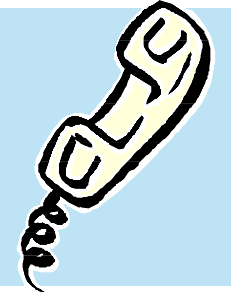 The image shows a cartoon depiction of an old rotary telephone with its cord coiled up on top against a blue background.