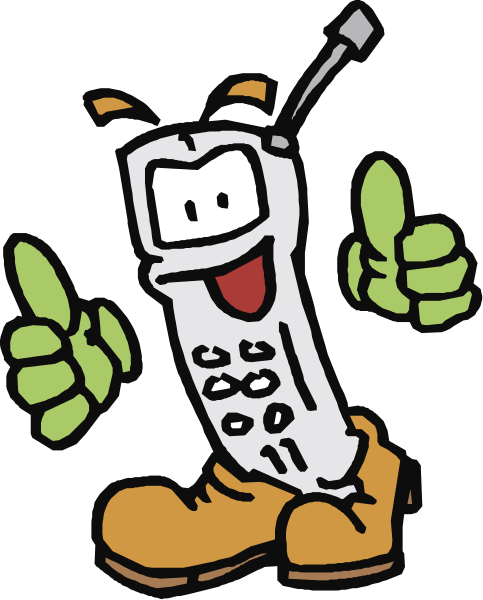 The image features a cartoon depiction of an anthropomorphic flip phone character with green skin holding up two thumbs in approval while standing on one leg next to another similar cellphone that is lying down.