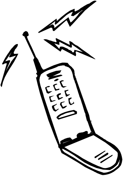The black and white illustration shows a cell phone with buttons on it floating above an open umbrella against a dark background.