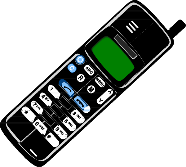 The black and white illustration shows a smartphone with its screen displaying various app icons on top of it; below that is an image of another phone lying flat next to what appears to be a remote control, both set against a dark background. There's no text or additional context provided in the clip-art style drawing. The focus seems to emphasize technology and communication devices rather than any specific setting or action taking place.