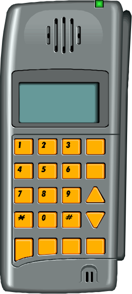The image shows a gray cell phone with an orange keypad displaying numbers 1 through 9 on its screen. It is placed against a plain background that does not provide additional context about location or time of day. There's no text present in this clip-art illustration, and the focus remains solely on the depicted object: a cell phone with an orange keypad displaying numbers from one to nine.
