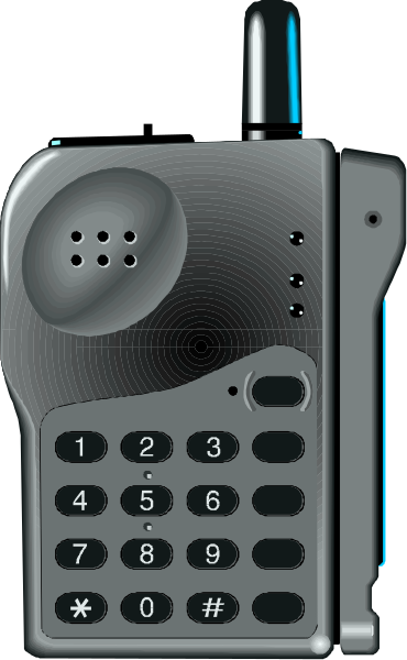 The image shows a flip cell phone with an antenna on top of it against a black background.