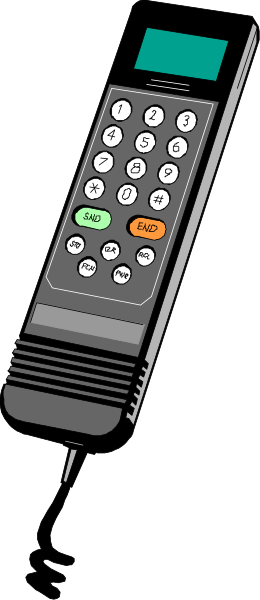 The image shows a corded telephone with buttons on its front panel placed against a dark background.