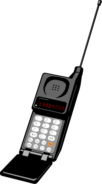 The image shows a black flip phone with an orange button on it against a dark background.
