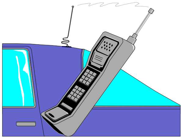 The image shows a cartoon of an old flip phone hanging from its antenna outside a car window at night with blue lighting inside the vehicle.