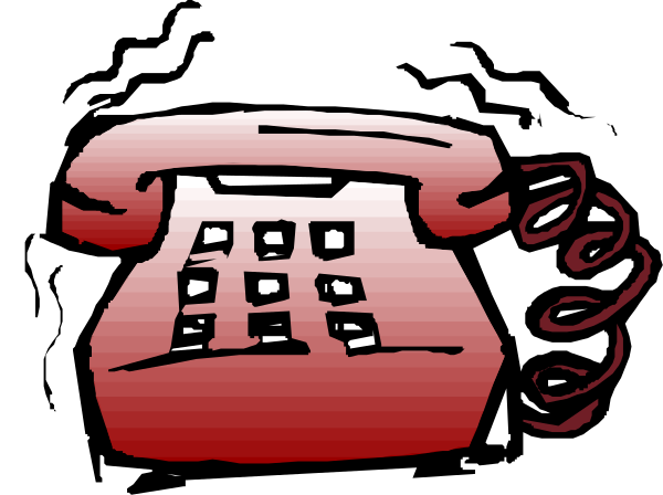 The image shows a red telephone with buttons on it next to an old rotary dial phone that is connected by cord.