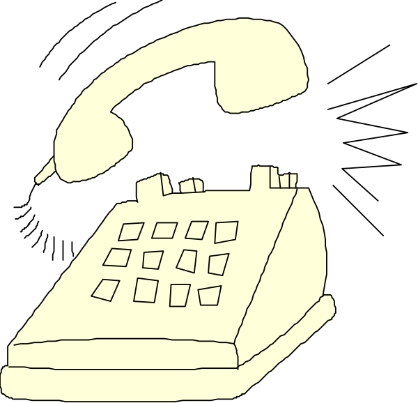 The black and white illustration shows a telephone with its receiver lifted up next to an old pushbutton phone on display at what appears to be a storefront window.