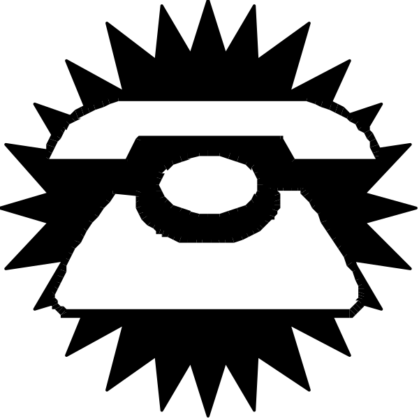 The image shows a simple black and white icon of an old rotary telephone with its receiver off hook against a dark background.