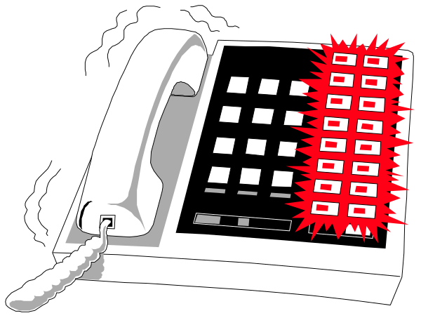 The image shows a black telephone with an attached red button on its side next to it is a white corded phone that has been hit by lightning bolts emanating from buttons at both ends of the handset, indicating damage and malfunctioning.