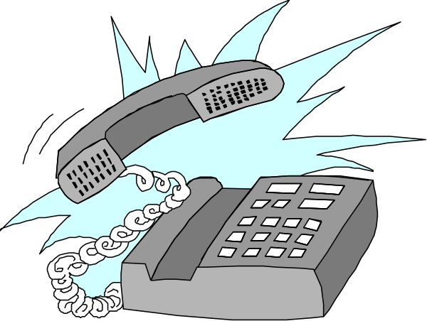 The illustration shows a black telephone with an attached corded handset on top of it next to a gray calculator that has buttons labeled 1 through 9 in white text. There is also a small explosion graphic above and slightly behind the phone, suggesting impact or disruption. In front of these items there's a dark background which contrasts sharply with them due to their lighter colors. The style appears cartoonish but without any additional context it seems more like an iconic representation rather than detailed illustration.