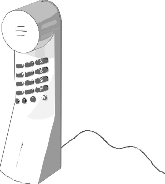 The image shows a white corded telephone with buttons on its side against a black background.