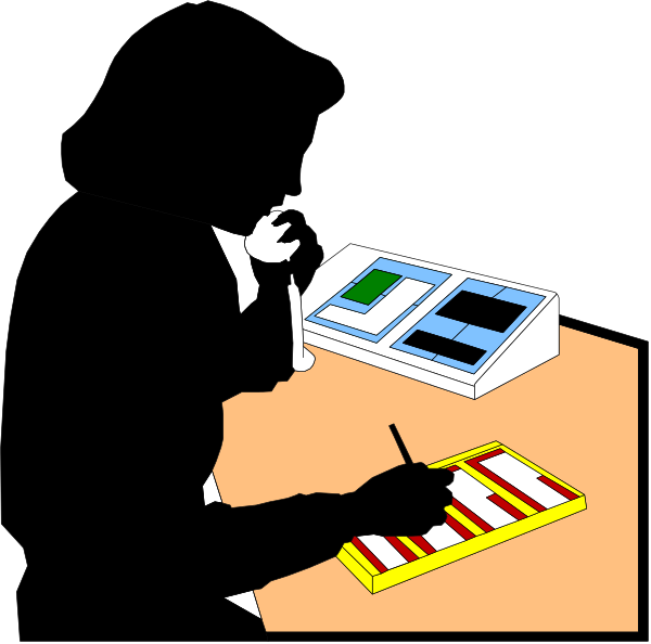 The black and white illustration shows a person sitting at an office desk with their back to us; there is paperwork on top of it including what appears to be financial documents such as checks and receipts, along with pens for writing.