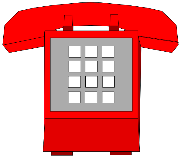 The image shows a red telephone with buttons on it placed next to an old rotary phone that is hanging from its cord in front of two phones against a black background.