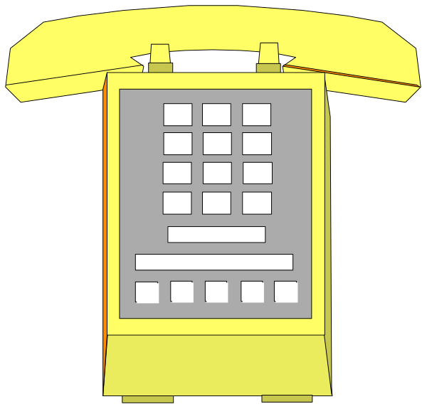 The image shows a yellow rotary telephone with buttons on it placed next to an illustration of another phone that is connected by cord.