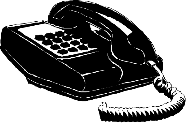 The black and white photo shows a telephone with buttons on it next to an old rotary dial phone that is connected by cord to another device out of frame.
