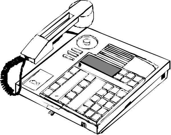 The black and white illustration shows a vintage telephone with buttons on its side placed next to an open calculator that has numbers displayed in reverse order from left to right.