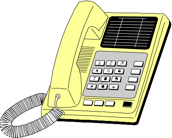 The image shows a yellow rotary telephone with buttons on its side placed next to it is an illustration of a black coiled corded phone receiver.