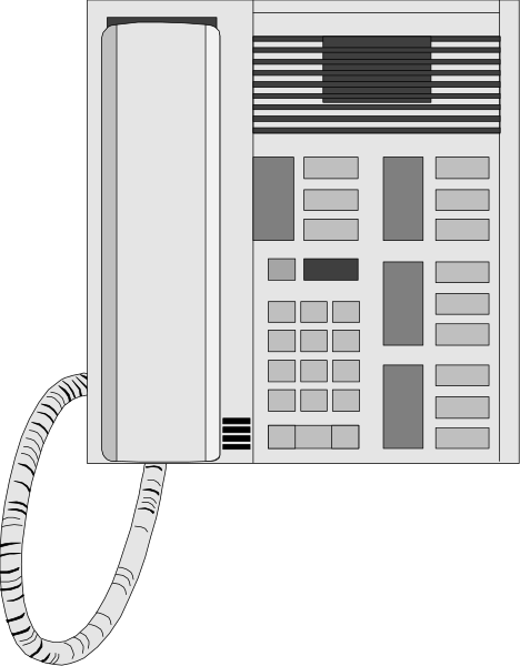 The black and white illustration shows a rotary telephone with buttons on its side hanging from an unseen wall-mounted base unit against a dark background.