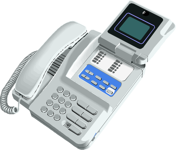 The image shows a white corded telephone with buttons on its side placed next to another phone that appears similar but is smaller in size against an indistinct background.
