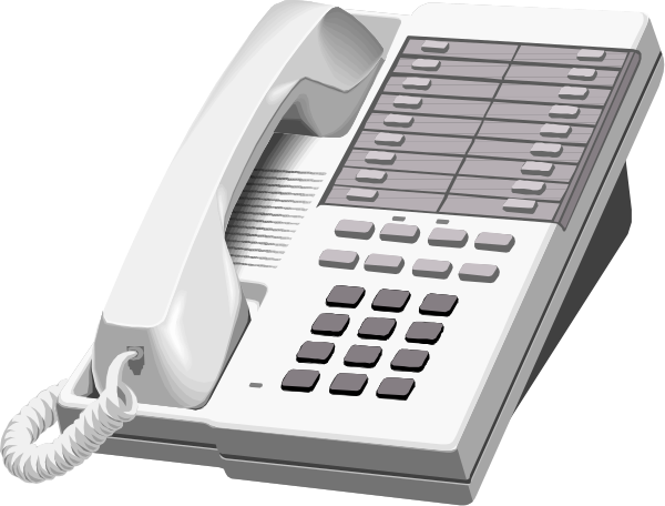The image shows a white telephone with buttons on its side placed next to it is an illustration of a phone keypad in grayscale tones against a plain background.