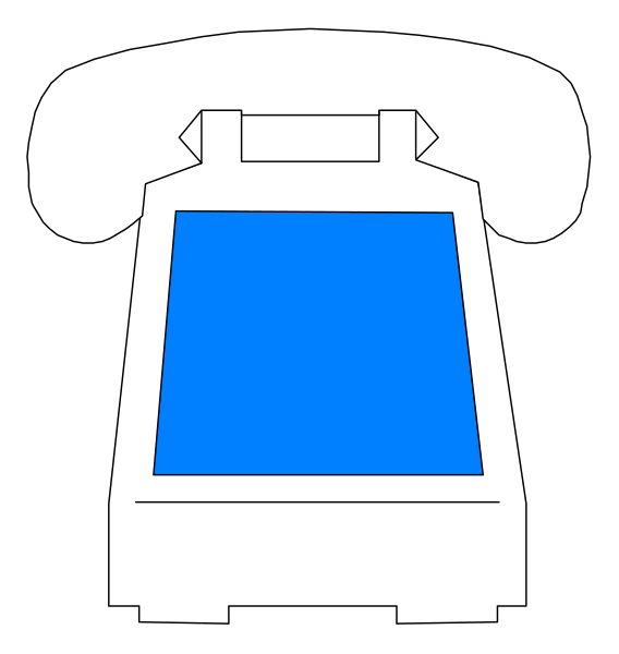 The image shows a white telephone with blue screen on its display panel next to an icon of a payphone booth.
