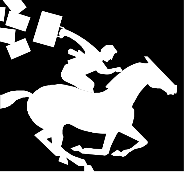 The black and white silhouette of a person riding on horseback with papers flying around them against an abstract background that suggests movement through space.