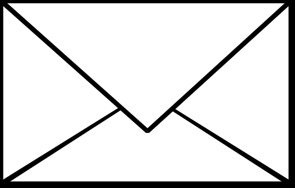 The image shows a simple black and white line drawing of an envelope with two lines crossing through it to represent mailing.