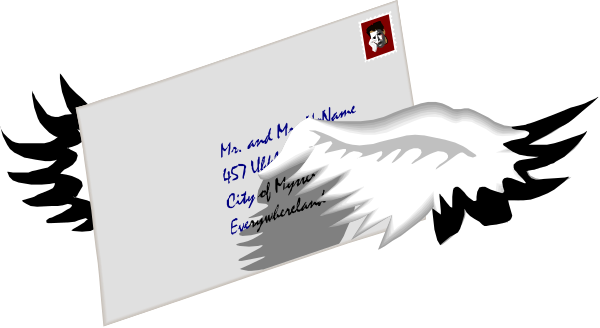 The image shows a white envelope with an address on it being blown away by wind depicted as wings of paper.
