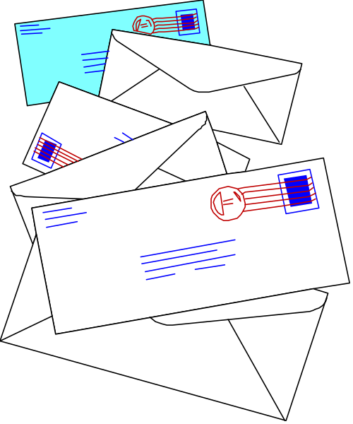 The image shows a collection of envelopes with postage stamps on them piled up together against a dark background.