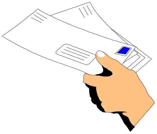 The image shows a hand holding an envelope with postage stamps on it over what appears to be a black surface; there is no text present in this clip-art illustration.