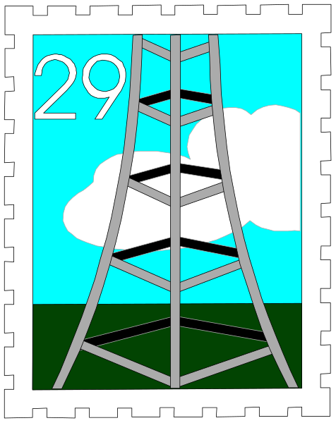 The postage stamp features an illustration of a tall tower with four levels against a blue sky background; there is also text on it that reads "29" in large numbers at top left corner and "30" below, indicating some sort of countdown or event date.