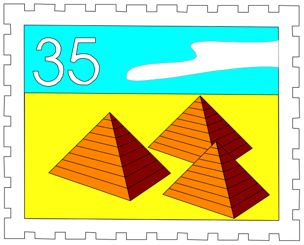 The image shows a postage stamp with an illustration of three pyramids on it against a desert background under a blue sky.