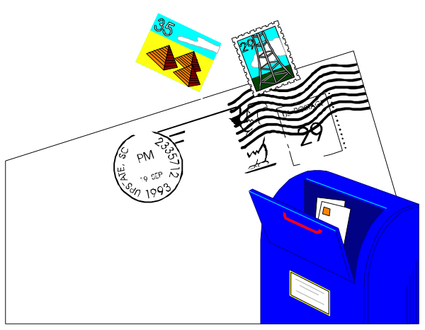 The image shows a collection of postage stamps on an envelope with various designs including flags, buildings, and symbols; next to it is a mailbox containing what appears to be letters in envelopes ready for delivery.
