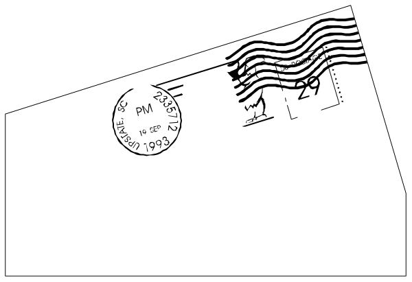 The image shows a black and white photo of an envelope with postage stamps on it placed next to another similar item in front of what appears to be a window frame.