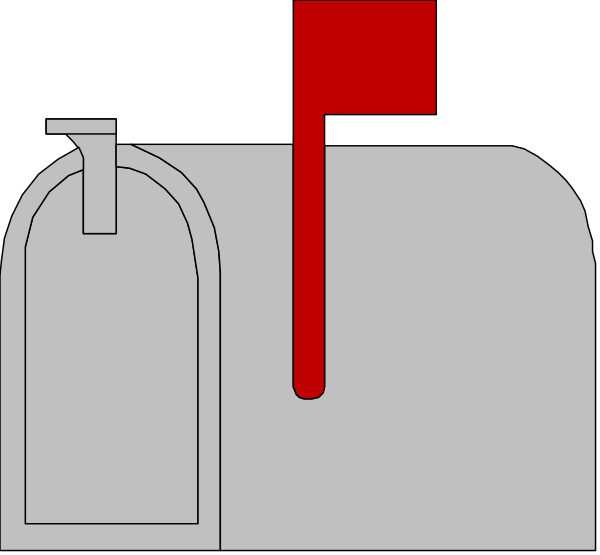 The image shows a simple black and white illustration of an envelope with two flaps open on either side, revealing red ink inside one end where it appears to be dripping out onto mailboxes below.