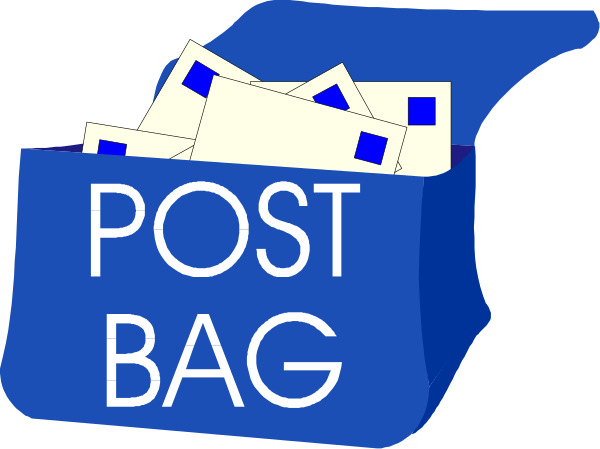 The image shows a blue mailbox with white envelopes inside it labeled "POST BAG" on top of an open suitcase that has more papers in front of it.