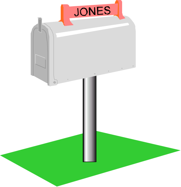 The image shows a mailbox with two different views: from above on top of it is "Jones," while below that view looking up at Jones's signage reads "Woody."