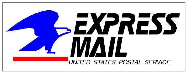 The image shows a logo with text that reads "MAIL EXPRESS" at top left corner of an oval shape against blue background; below it is another line of smaller white letters spelling out "UNITED STATES POSTAL SERVICE." To right, there's a bird silhouette in flight.