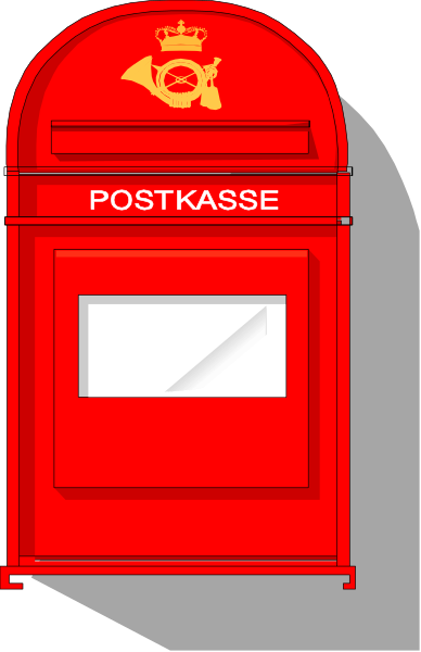 The image shows a red mailbox with an envelope sticking out of it on top of what appears to be a street sign that says "Postkasse."