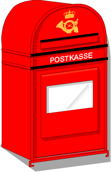 The image shows a red postbox with an envelope inside it on top of what appears to be a street sign that says "Postkasse."