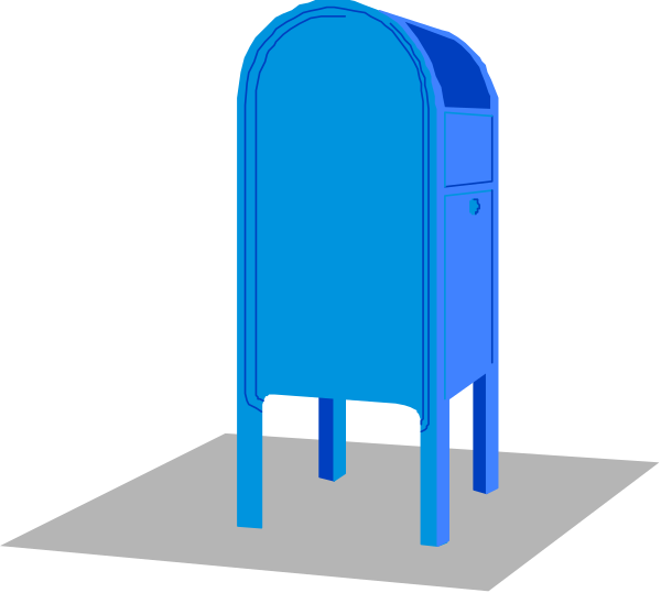 The image shows a blue mailbox standing on its side against an indistinct background with no other discernible elements present in this small clip-art illustration.