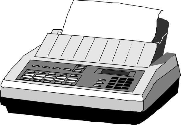 The black and white illustration shows a desktop computer printer on top of an office desk with paper inside it.