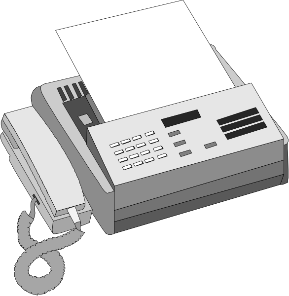 The image shows a black and white illustration of an office scene with two different views: on top is a close-up view showing only the printer part (a fax machine), while below it displays both the printer and telephone parts together, indicating that these devices can be used in conjunction for communication.