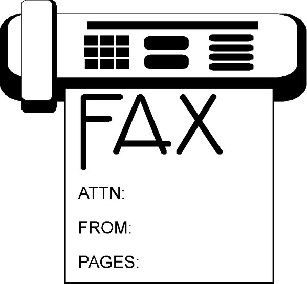 The black and white illustration shows a fax machine with an attached paper that has "FAX" written on it in bold letters atop some text which is too small to read clearly. Below this label, there's additional smaller writing indicating 'ATTN: FROM PAGES'.